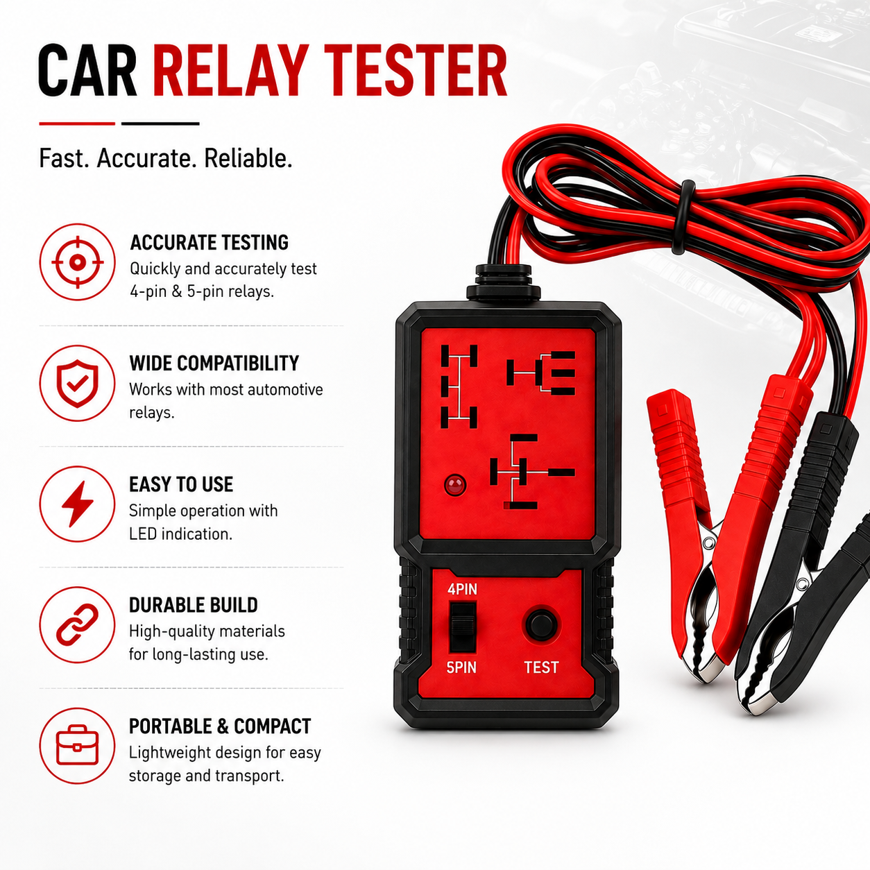 Automotive Relay Tester – 4-Pin & 5-Pin Car Relay Testing Tool with LED Indicator & Battery Clips