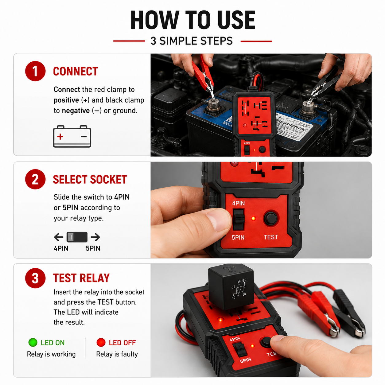 Automotive Relay Tester – 4-Pin & 5-Pin Car Relay Testing Tool with LED Indicator & Battery Clips