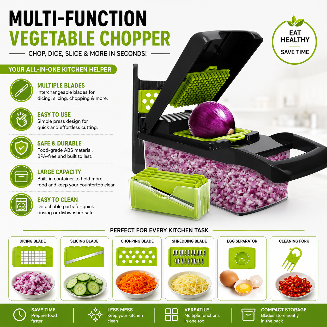 14-in-1 Vegetable Chopper & Slicer – Multifunction Kitchen Food Cutter with Interchangeable Blades