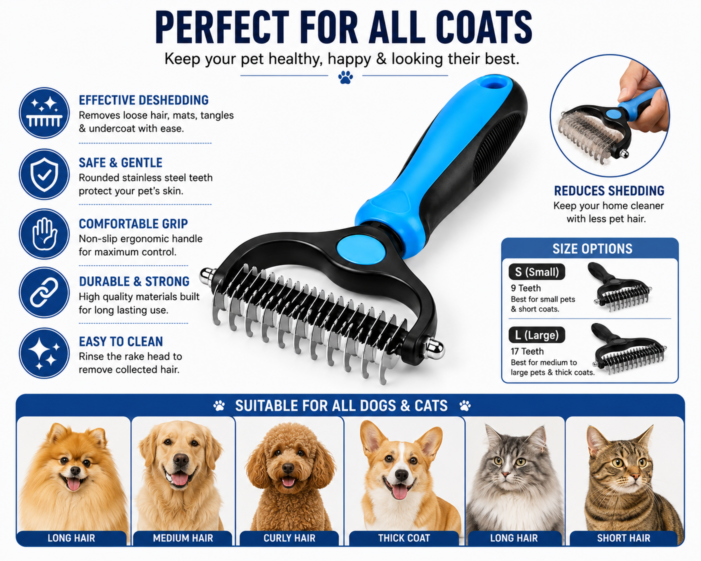 Pet Dematting Rake Brush for Dogs & Cats – Stainless Steel Deshedding & Undercoat Grooming Tool