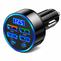 6-Port USB Car Charger with LED Voltage Display – 4 USB-A & 2 Type-C Fast Charging Adapter