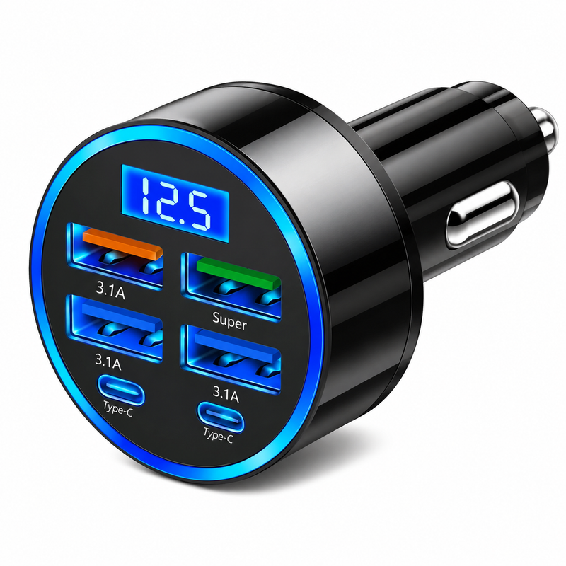 6-Port USB Car Charger with LED Voltage Display – 4 USB-A & 2 Type-C Fast Charging Adapter