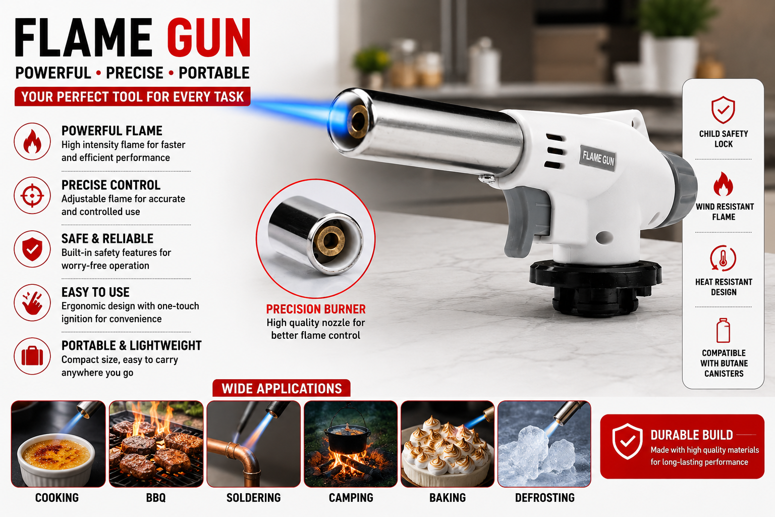 Butane Torch Flame Gun – Adjustable Kitchen Cooking & BBQ Gas Torch Burner