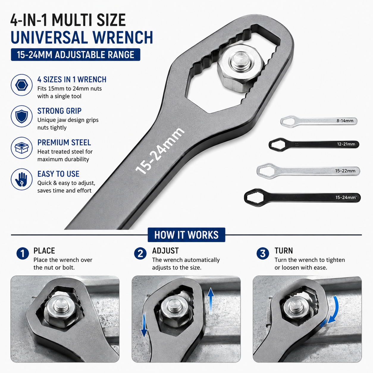 15–24mm Universal Multi-Size Wrench – Self-Adjusting Grip Spanner for Nuts & Bolts