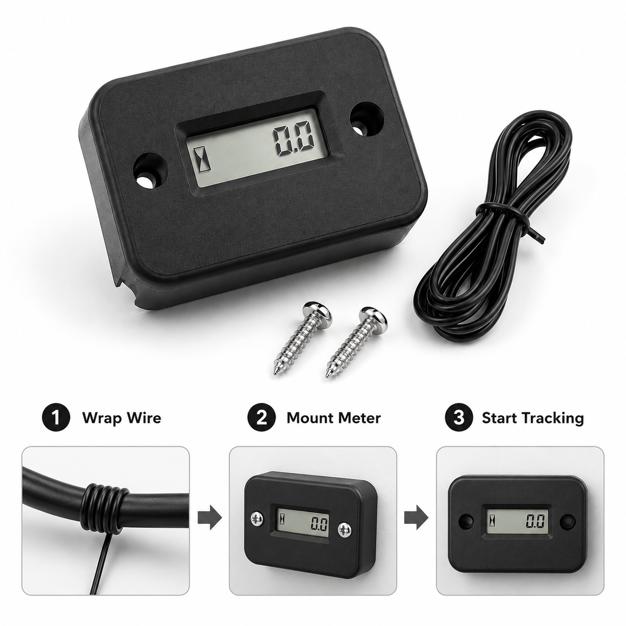 Engine Hour Meter, Digital LCD Usage Tracker for Motorcycles, Lawn Mowers, ATVs & Generators